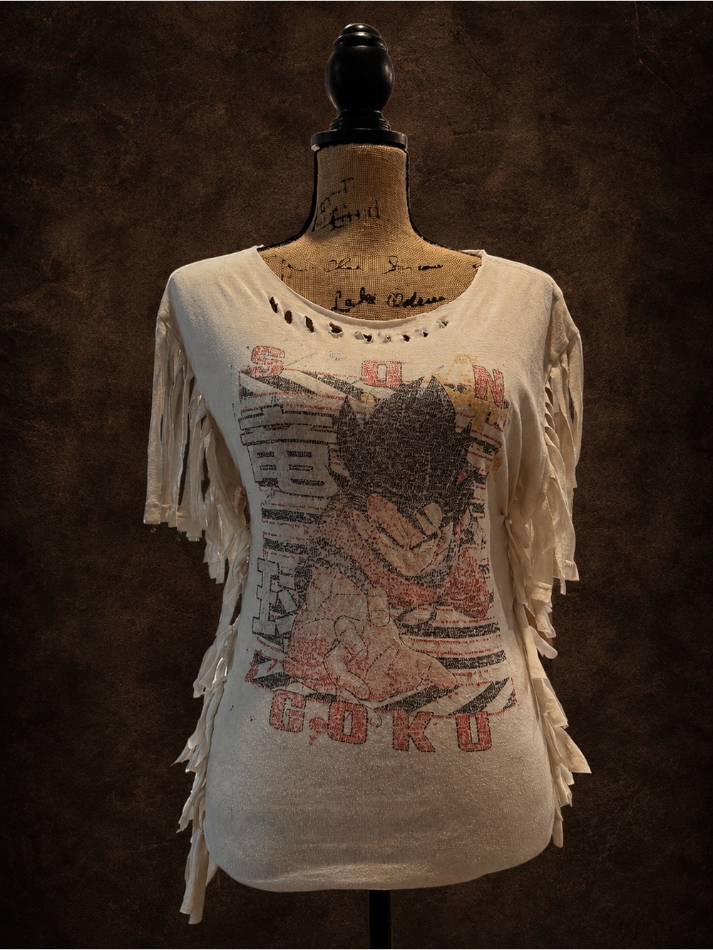 Graphic Fringe Sleeve Women’s Tee - White Goku Design